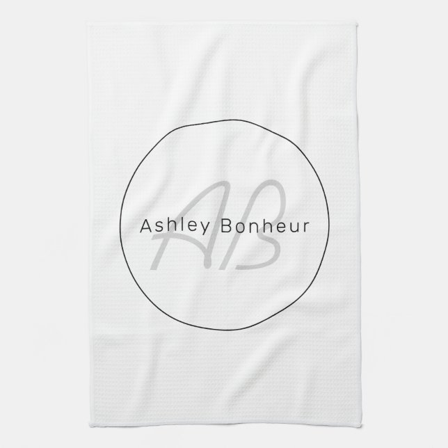Modern White Grey & Black | Cool Name & Monogram Kitchen Towel (Vertical)