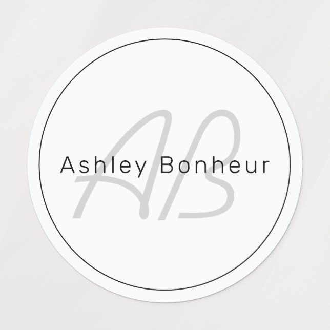 Modern White Grey & Black | Cool Name & Monogram Labels (Design 1)