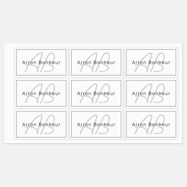 Modern White Grey & Black | Cool Name & Monogram Labels (Sheet)