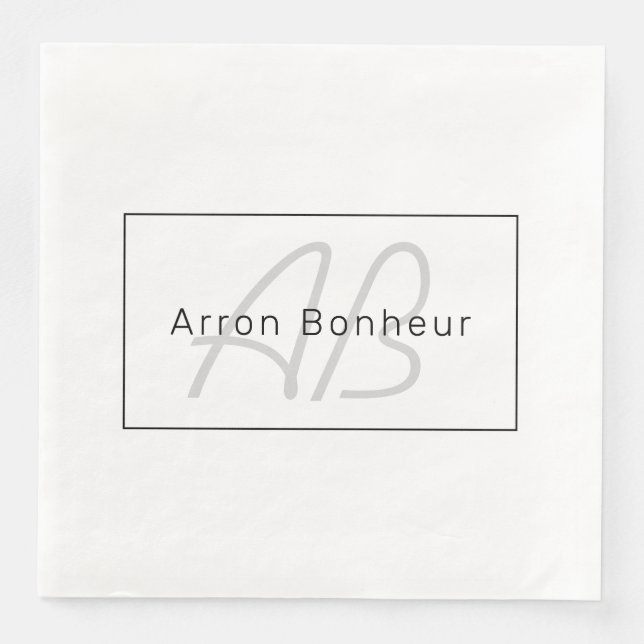 Modern White Grey & Black | Cool Name & Monogram Paper Dinner Napkins (Front)