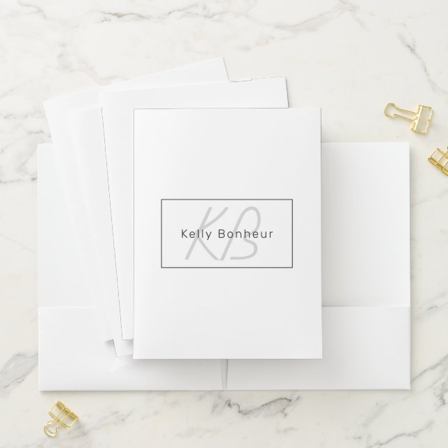 Modern White Grey & Black | Cool Name & Monogram Pocket Folder (In Situ)