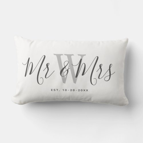 Modern White Grey Mr And Mrs Keepsake Monogrammed Lumbar Pillow