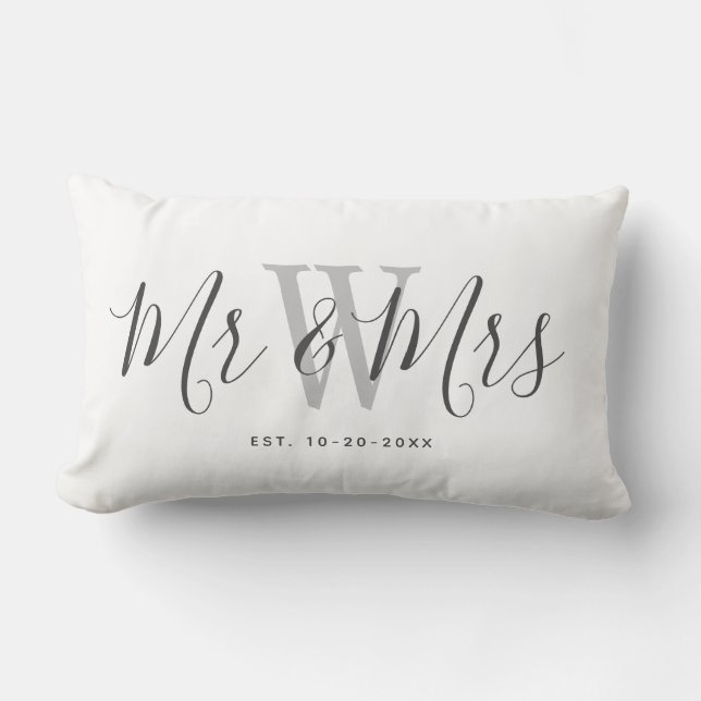 Modern White Grey Mr And Mrs Keepsake Monogrammed Lumbar Pillow (Front)