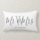 Modern White Grey Mr And Mrs Keepsake Monogrammed Lumbar Pillow<br><div class="desc">Welcome friends and family to your home with this Modern White Grey Mr And Mrs Keepsake Monogrammed Lumbar Pillow. It is an elegant design with a white background. The center has bride and groom's last name monogram letter in light grey. The text is "mr and mrs" in dark grey trendy...</div>