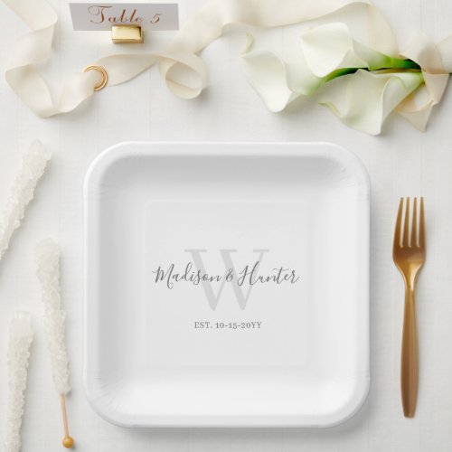 Modern White Grey Script Monogram Wedding Paper Plates