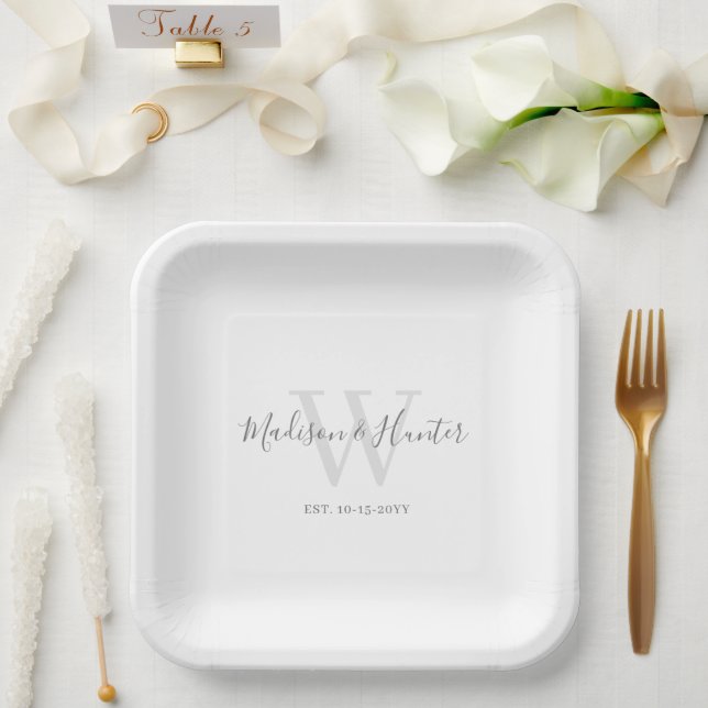 Modern White Grey Script Monogram Wedding Paper Plates (Wedding)