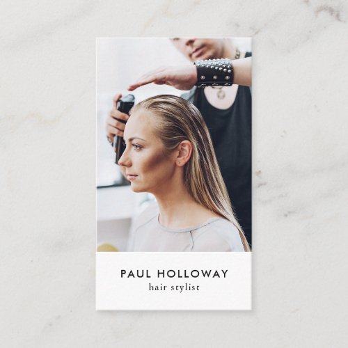 Modern white hair stylist photo elegant simple business card