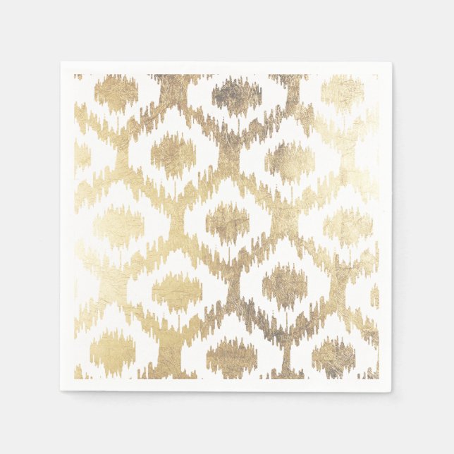 Modern white hand drawn ikat pattern faux gold napkins (Front)