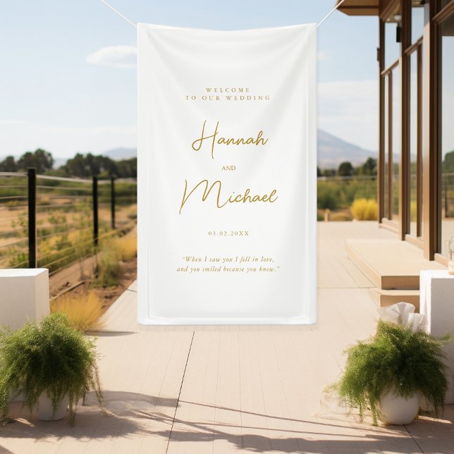 Modern, White, Handwriting Font, Wedding Welcome  Banner (Elegant, White, Minimal Wedding "Welcome Banner" with your name, date & place for personal words.)