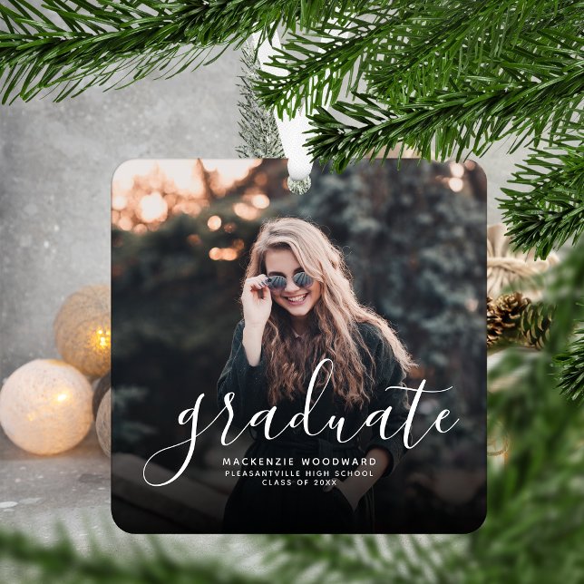 Modern White Handwriting Photo Graduation Metal Ornament (Creator Uploaded)