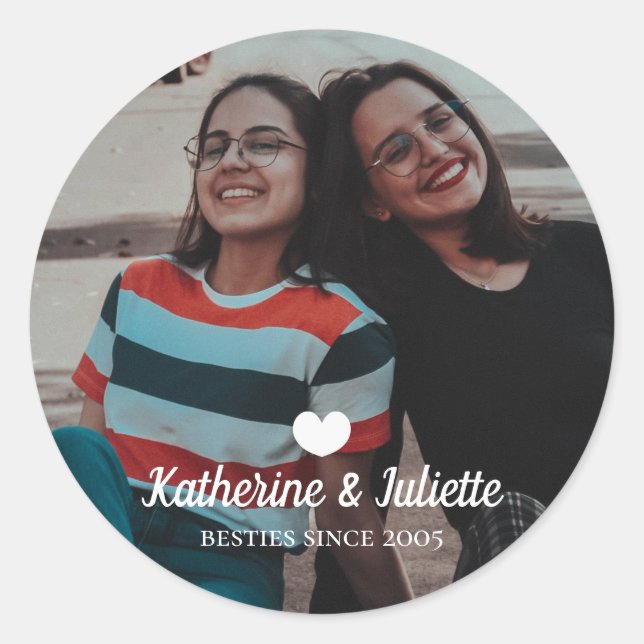 Modern White Heart Best Friend Friendship Photo Classic Round Sticker (Front)
