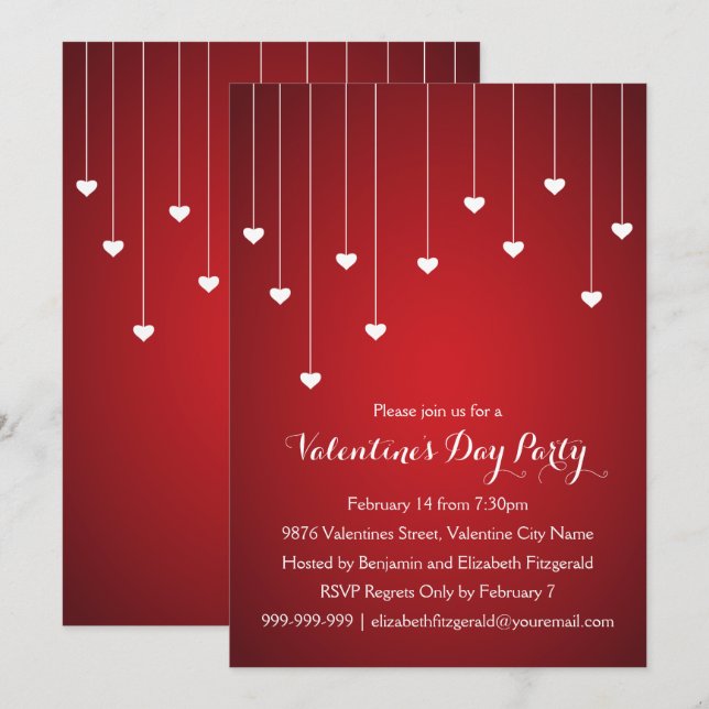 Modern White Hearts on Red Valentines Party Invitation (Front/Back)