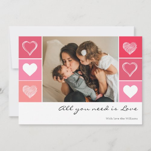 Modern white hearts red and pink photo Valentine Holiday Card