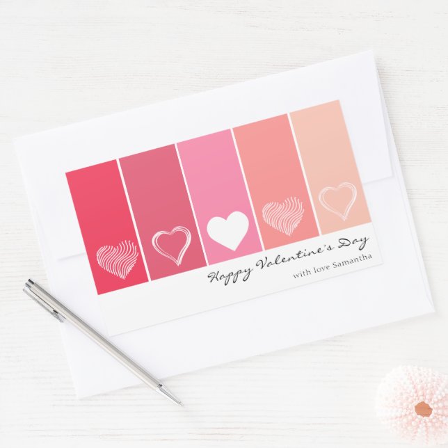 Modern white hearts red and pink stripes Valentine Rectangular Sticker (Envelope)