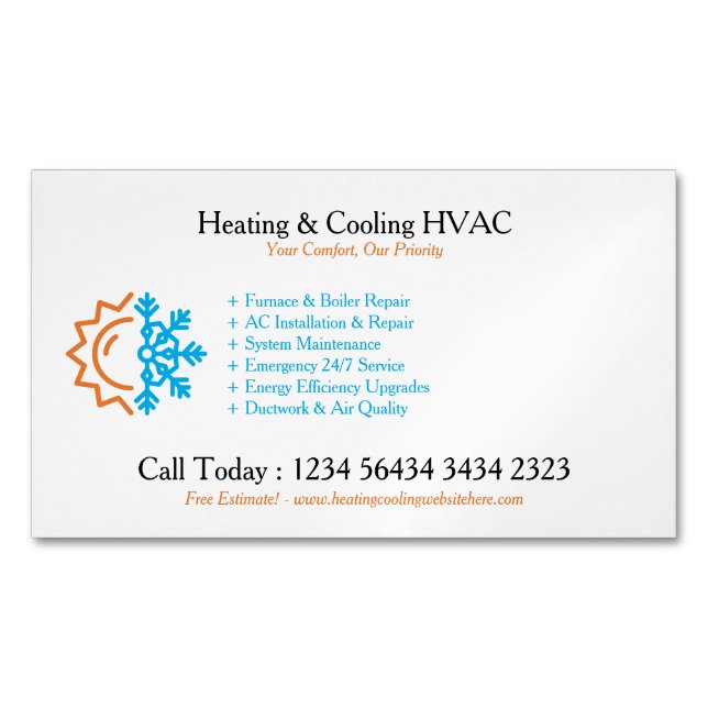Modern White Heating & Cooling Business Card Magnet (Front)