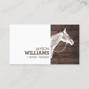 Modern White Horse Motif on Rustic Brown Woodgrain Business Card