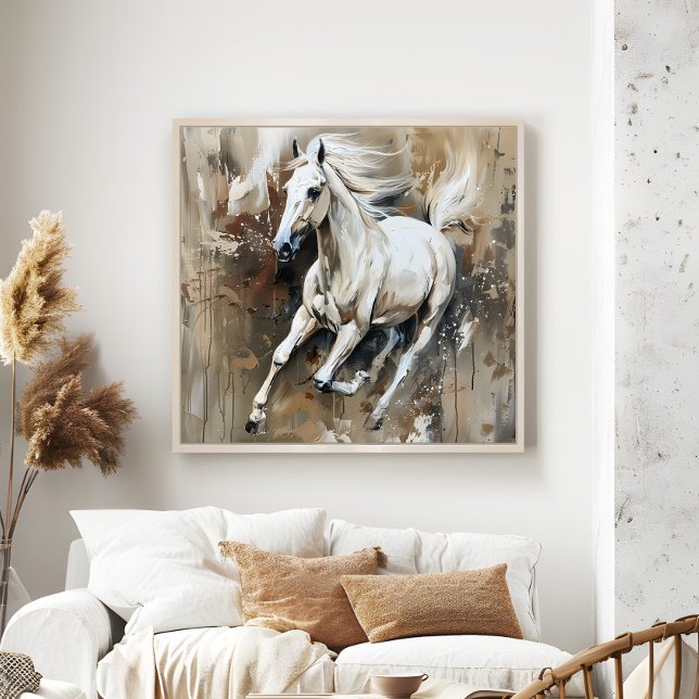 Modern White Horse Painting Aesthetic Wall Art (Modern White Horse Painting Aesthetic Wall Art in a neutral boho living room.)