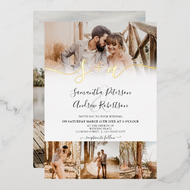 Modern white initials script 5 photos wedding foil invitation (Front/Back)