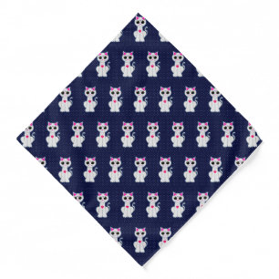 Modern White Kitty Cat Pattern on Navy Blue Bandana