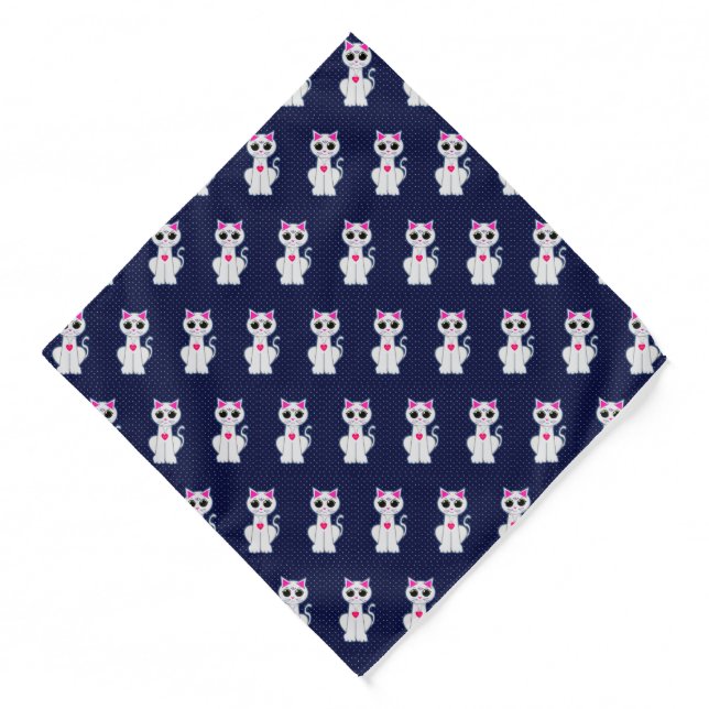 Modern White Kitty Cat Pattern on Navy Blue Bandana (Front)