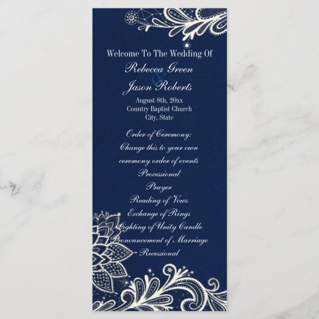 modern white lace navy blue wedding programs (Front)