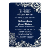 modern white lace pattern navy blue wedding card