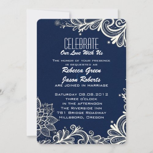 modern white lace pattern navy blue wedding invitation