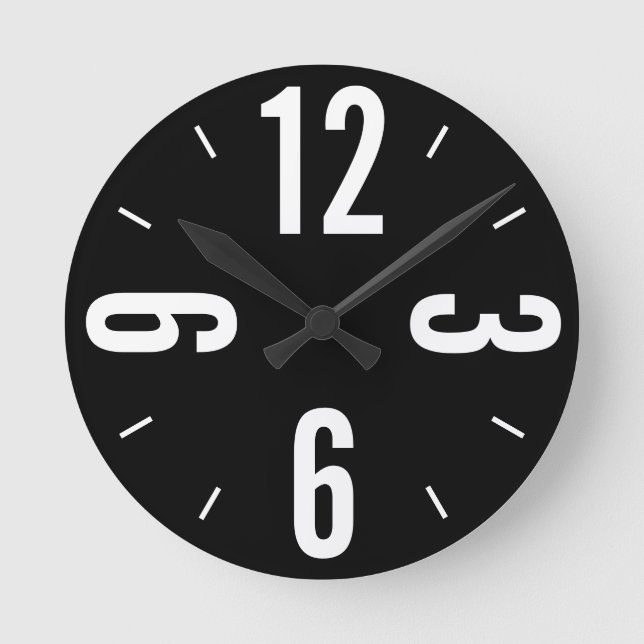Modern white large numbers on black background round clock (Front)