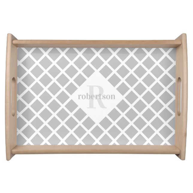 Modern White Lattice Pattern Light Gray Monogram Serving Tray (Front)