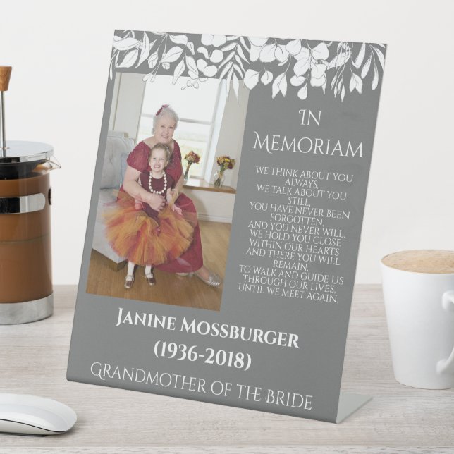 Modern White Leaves on Gray Photo Memorial Sign (In SItu)