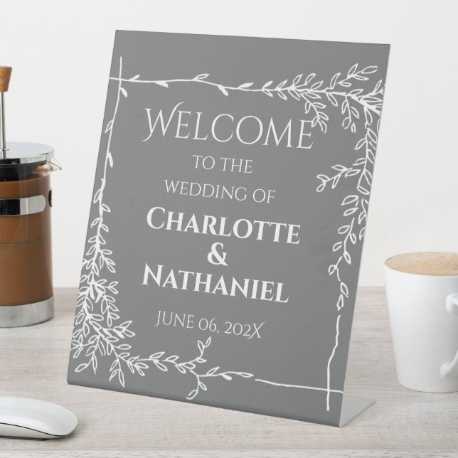 Modern White Leaves on Gray Wedding Welcome Pedestal Sign (In SItu)