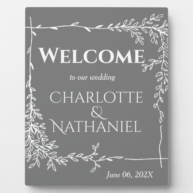 Modern White Leaves on Gray Wedding Welcome   Plaque (Front)