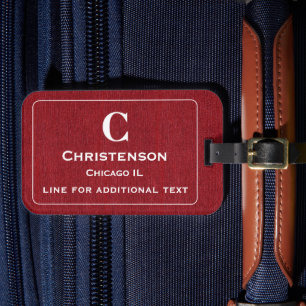 Modern White Lettering on Ruby Red Denim Print Luggage Tag