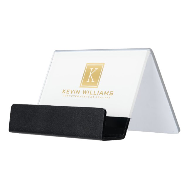 Modern White & Light Gold Geometric Accents. Desk Business Card Holder (Angled Front)
