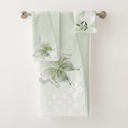 Modern White Lilies green Bathroom Towel Set