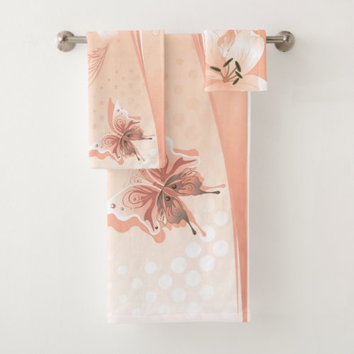 Modern White Lilies peach Bathroom Towel Set