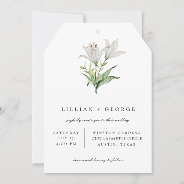 Modern White Lily Floral Bouquet Wedding Announcement (Front)