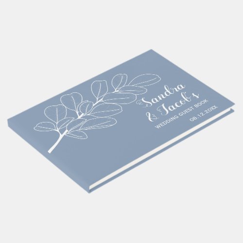 Modern white line art branch dusty blue wedding   guest book