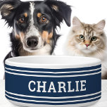 Modern white lines dark blue bowl<br><div class="desc">Dark blue or custom color bowl with white lines top and bottom and your pet's name in a white,  bold font. Fonts and colors can be customized with the design tool.</div>