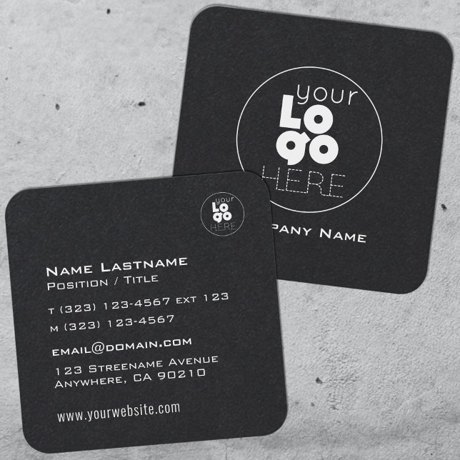 Modern White Logo on Masculine Rounded Edge Black Square Business Card (Creator Uploaded)