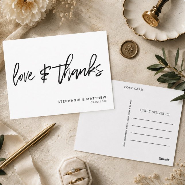 Modern White Love and Thanks Wedding Postcard (Send a beautifully sophisticated and budget-friendly note of appreciation with this modern white)