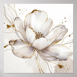 Modern White Magnolia Gold Line Art Floral Wedding Poster