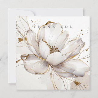 Modern White Magnolia Gold Line Art Floral Wedding Thank You Card