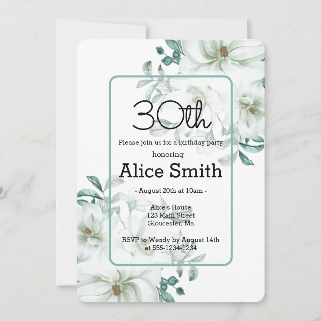 Modern White Magnolia Greenery 30th Birthday  Invi Invitation (Front)
