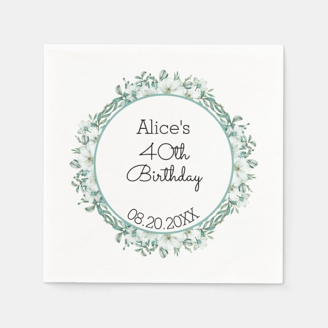 Modern White Magnolia Greenery 40th Birthday Napkins (Front)