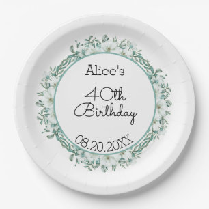 Modern White Magnolia Greenery 40th Birthday Paper Plates