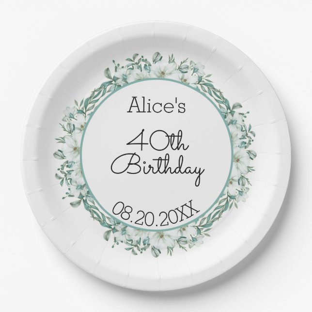 Modern White Magnolia Greenery 40th Birthday Paper Plates (Front)