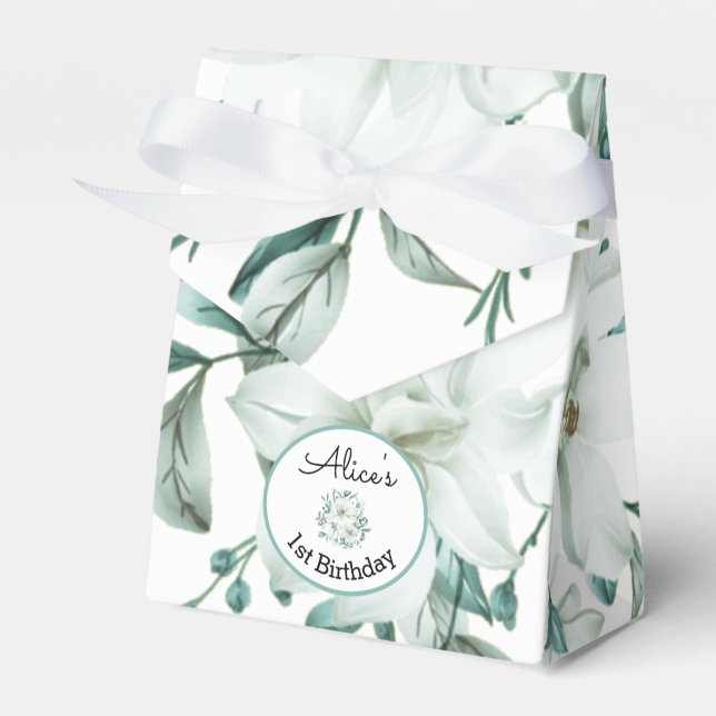 Modern White Magnolia Greenery Birthday Favor Boxes (Front Side)