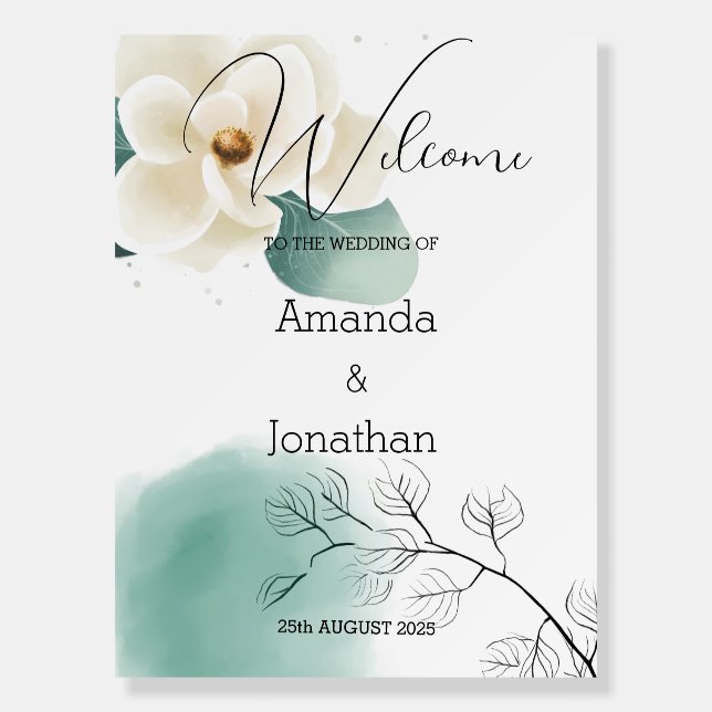 Modern White Magnolia Wedding Welcome Sign (Front)