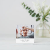 Modern white makeup artist photo elegant simple square business card (Standing Front)